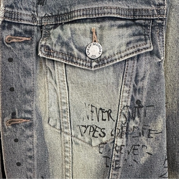 Cheap Monday Staple Denim Jacket Psyched SZ Medium Blue Graffiti Hand Print - Picture 5 of 10